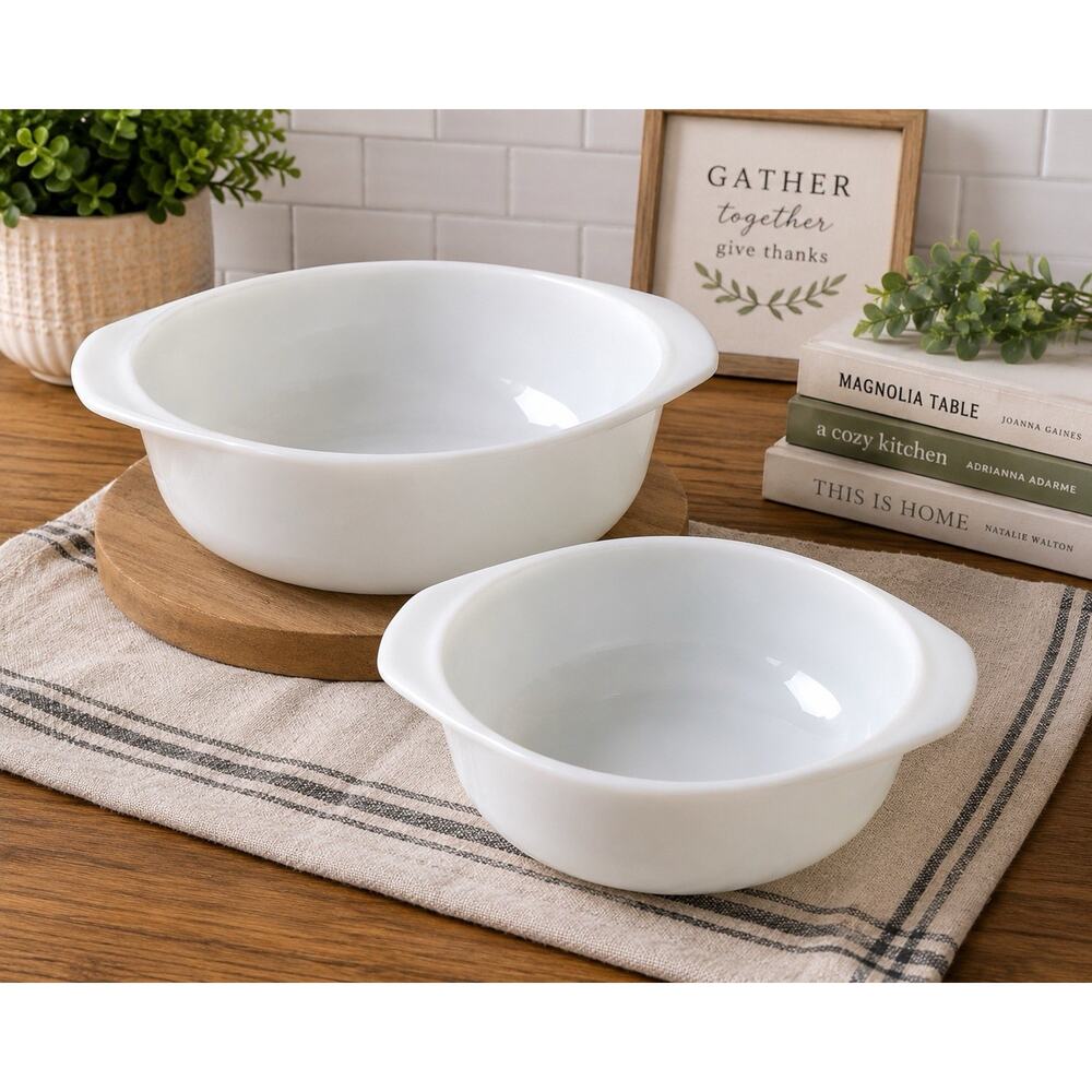 Vintage Pyrex White Glass Round Casserole Baking Dishes Lot of 2 Made USA
